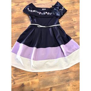 Girls Dress & Matching Bow Knit Works Navy Lavender White‎ with Belt New Without